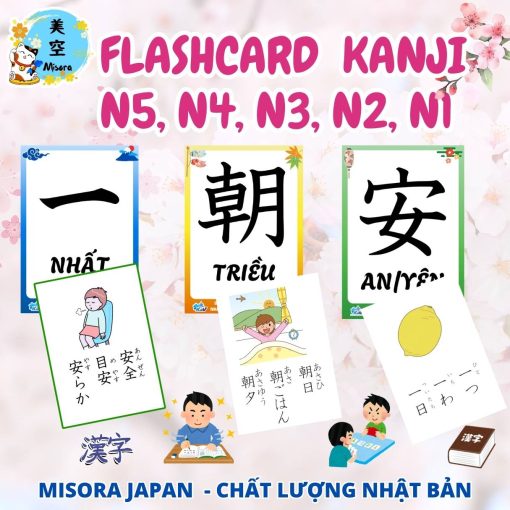 flashcard kanji các cấp độ luyện thi JLPT, hán việt, ví dụ, hình ảnh minh họa