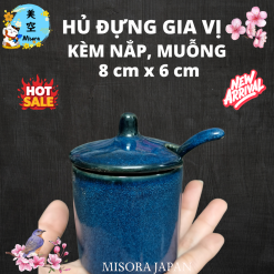 Hủ đựng gia vị, kèm muỗng, nắp men lam