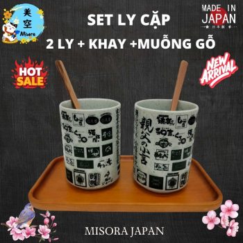 set ly gốm Nhật kèm khay muỗng đẹp tinh tế, ly gốm sứ cao cấp uống trà, bộ ly gốm Nhật Bản tặng quà, ly uống trà gốm đẹp trang trí bàn
